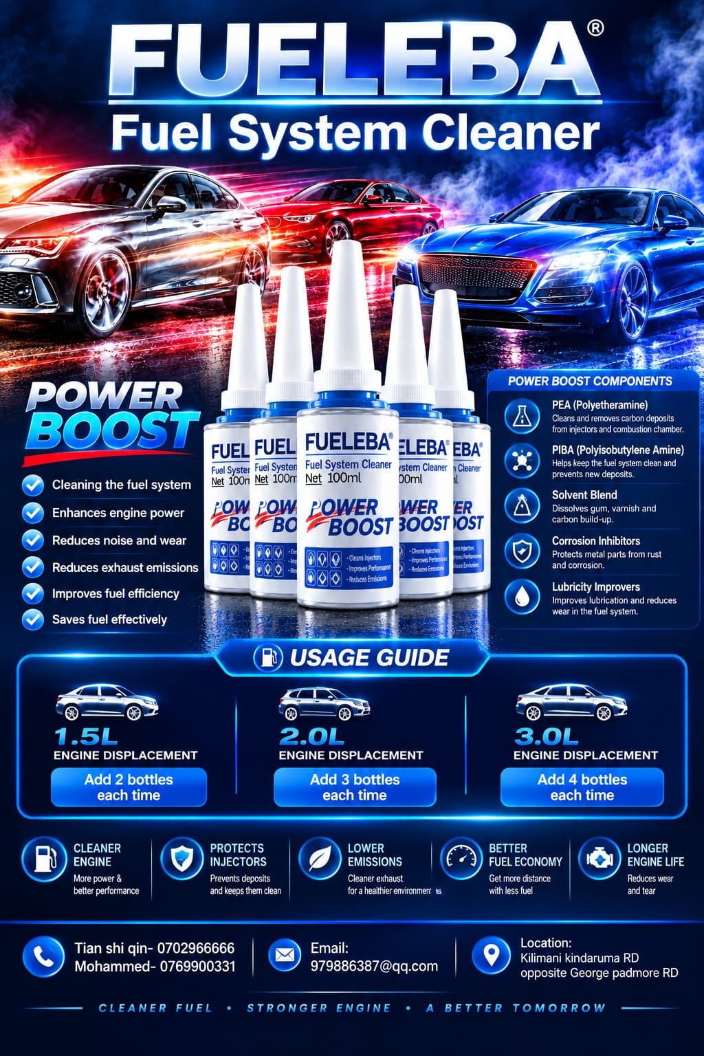 FUELEBA Power Boost product poster showing the range and usage guide